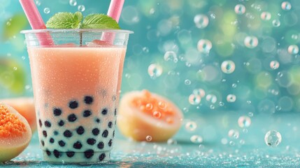 Poster - Refreshing Pink Bubble Tea with Guava and Mint on a Vibrant Blue Background