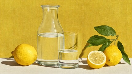 Poster - Still life composition featuring lemons, water, and a glass with a yellow backdrop