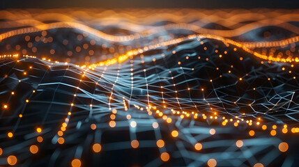 Fototapete - Abstract digital landscape with glowing network structures.
