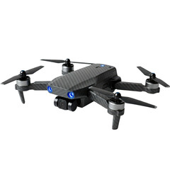 Poster - Compact consumer drone with carbon fiber texture and front LEDs illuminated, positioned for takeoff