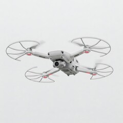 Poster - Sleek white surveillance drone with foldable arms and propeller guards, angled in flight, on a solid white background.