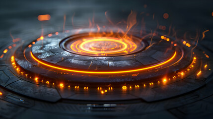 Poster - Metallic disc with glowing orange rings and fiery effects.