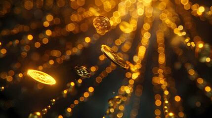 Poster - Golden coins flying in a dark, glittering, light effect.