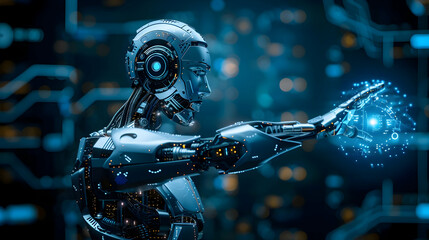 Poster - metallic robot interacting with digital data.