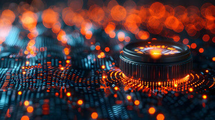 Poster - Abstract digital lens design with glowing particles.