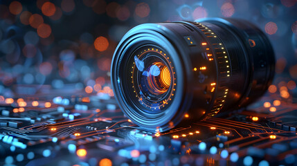 Poster - Futuristic camera lens on a circuit board.