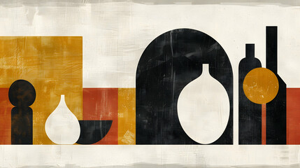 Poster - Abstract composition of geometric shapes and ceramic forms in warm colors.