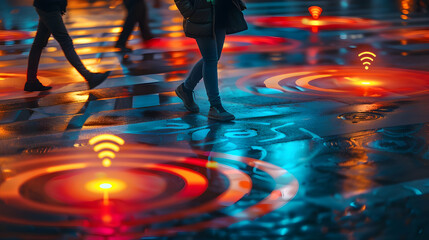 Poster - People walking on a dynamic interactive street floor.
