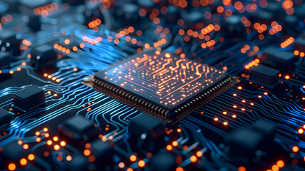 Poster - Detailed close-up of a complex computer chip on a circuit board.