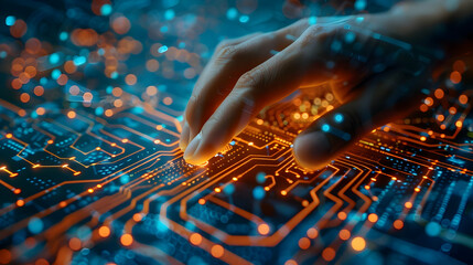Poster - close-up view of a hand interacting with a complex circuit board.