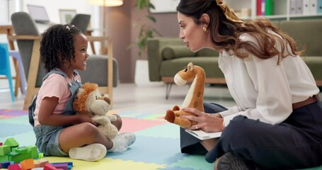 Aufkleber - Kindergarten, talking and toys with teacher and girl playing games for development, learning and story. Classroom, wellness therapy and therapist with kid, child student and woman with stuffed animal