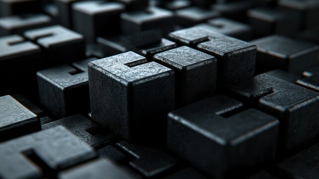 Abstract black cubes.  Close-up view of interlocking dark gray blocks