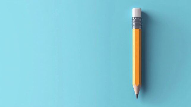 Single orange pencil on light blue background