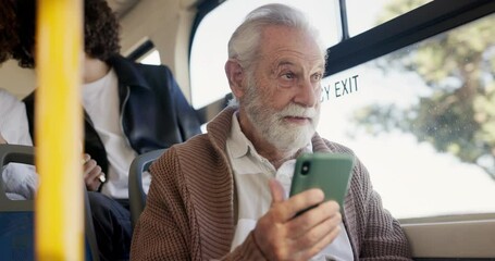 Poster - Bus, senior man and travel with smartphone for communication, map app and chat with contact. Public transport, elderly person and passenger with mobile for location, commute and message in London