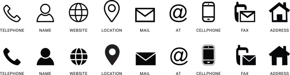 Poster - Business card icon set in flat and line style. Contact information, Home, Phone, Location, Address, Website, mail, fax, user simple black style symbol sign for apps and website, vector illustration. 