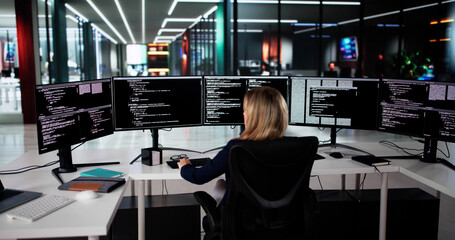 Fototapete - Stressed Female Programmer Struggles To Code Software