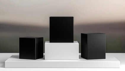Poster - Minimalist black cube set on white podium, modern geometric display for product presentation, soft blurred background, clean and elegant design, calm atmosphere