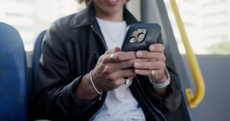 Poster - Bus, hands and travel with mobile for chat, online map and typing message for contact. Connection, person and passenger with smartphone for location app, social media and commute in public transport