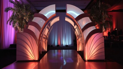 Fototapete - Art-deco inspired event arch with backlighting to emphasize its bold curves and metallic finish