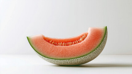 Poster - Sliced cantaloupe melon with orange flesh and visible seeds on white background, fresh and juicy, healthy summer fruit, side view, natural light, minimal style