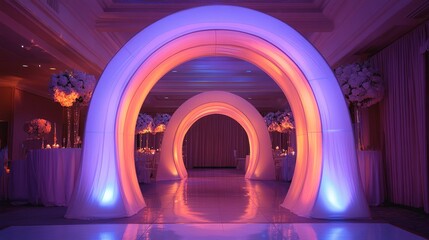 Fototapete - Decorative arch with soft pastel uplights, curving lines, and a gentle ambiance perfect for a stylish evening event
