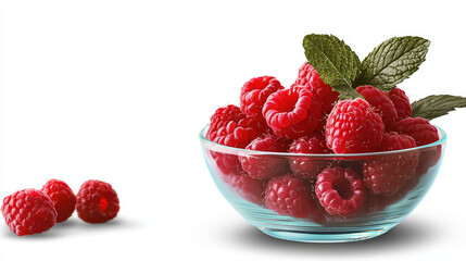 Aufkleber - Glass bowl filled with ripe raspberry and fresh mint leaves on white background vibrant and healthy fruit snack isolated natural organic delicious refreshing closeup