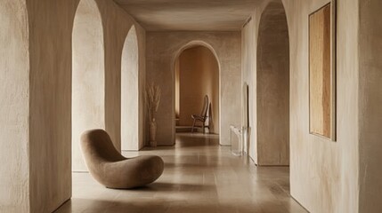 Fototapete - Long hallway with soft plaster curves and earth-toned palette, complemented by a single statement chair