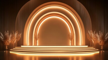Poster - Layered arches in a tiered design with gradient lighting accents, adding depth and warmth to a glamorous stage backdrop