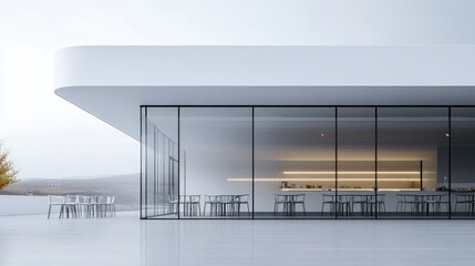 Poster - White modern cafe exterior with smooth texture and large glass panes, photographed at an angle to highlight minimal architectural beauty