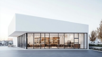 Poster - White modern cafe exterior with smooth texture and large glass panes, photographed at an angle to highlight minimal architectural beauty
