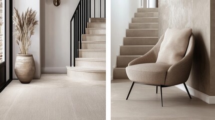 Fototapete - Subtle earth-tone hallway with seamless soft lines and an accent chair positioned as a statement piece