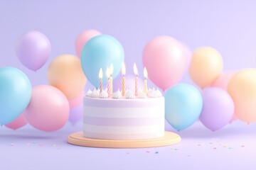 Poster - colorful and whimsical 3d illustration of birthday cake with lit candles balloons in background
