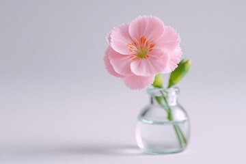 Poster - delicate single blooming flower in clear glass vase on white background with ample copy space