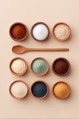 Poster - selection of various grains and porridges displayed in organized minimalist compositions on plain ba