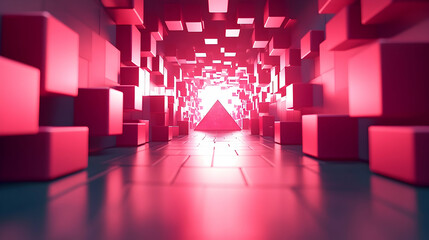 Poster - Abstract geometric tunnel with red cubes and light