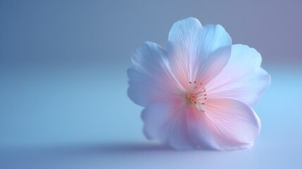 Poster - single pastel-colored flower petal rests on smooth white surface minimalist and peaceful with copy space