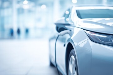 Poster - sleek electric car charging at modern business facility blurred figures in background wide frame