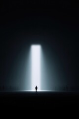 Poster - solitary figure stands in focus under spotlight surrounded by softly blurred silhouettes in backgrou