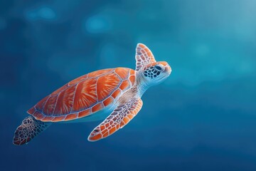 Poster - elegant sea turtle gracefully swimming with its flippers extended juxtaposed against smooth solid color background