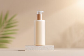 Poster - empty podium for cosmetics under soft lighting enveloped in minimalistic setting with ample copy space