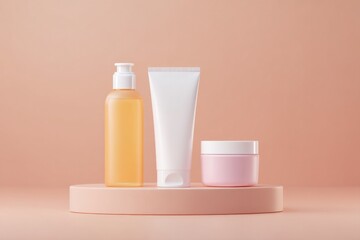 Poster - empty podium for cosmetics under soft lighting enveloped in minimalistic setting with ample copy space