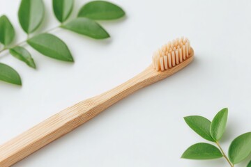 Poster - capture serene minimalistic image of single eco-friendly bamboo toothbrush on pristine white backdrop