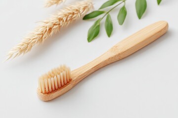 Poster - capture serene minimalistic image of single eco-friendly bamboo toothbrush on pristine white backdrop