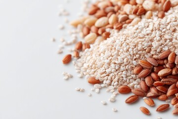 Poster - close-up of assorted grains and cereals scattered on clean white surface