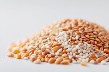 Poster - close-up of assorted grains and cereals scattered on clean white surface