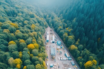 Poster - drone-shot aerial view of recycling plant showing process from top-down perspective