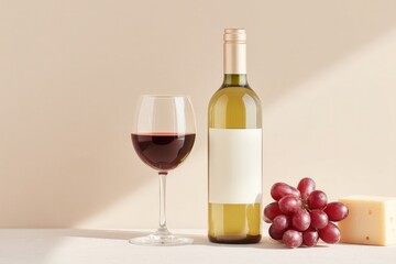 Poster - minimalistic composition of wine bottle and glass on plain surface