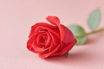 Poster - minimalistic image of single red rose with green stem resting elegantly on smooth solid color background soft lighting