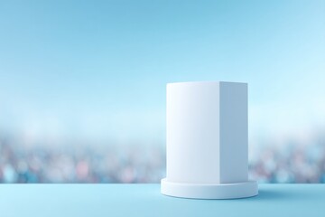 Poster - minimalistic setup with empty podium designed for drinks positioned against blurred crowd in background
