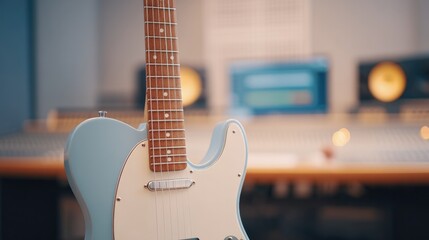 Poster - minimalistic view of modern recording studio with instruments neatly arranged in background and ample copy space